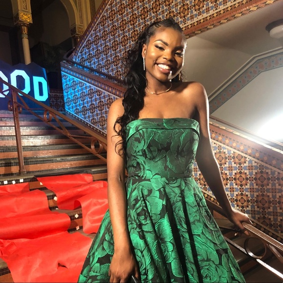 Floral Green Strapless Ball Gown Prom Dress - Picture 4 of 5